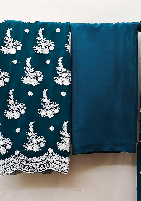 Teal Blue Embroidered Georgette Dress Material