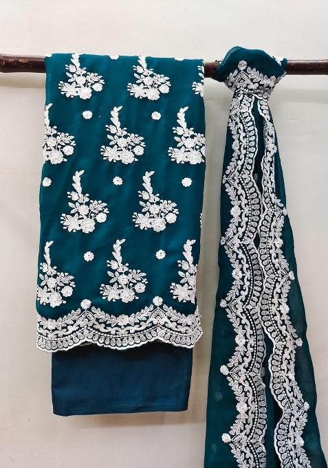 Teal Blue Embroidered Georgette Dress Material