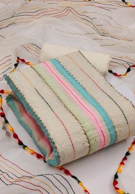 Off White Embroidered Cotton Blend Dress Material