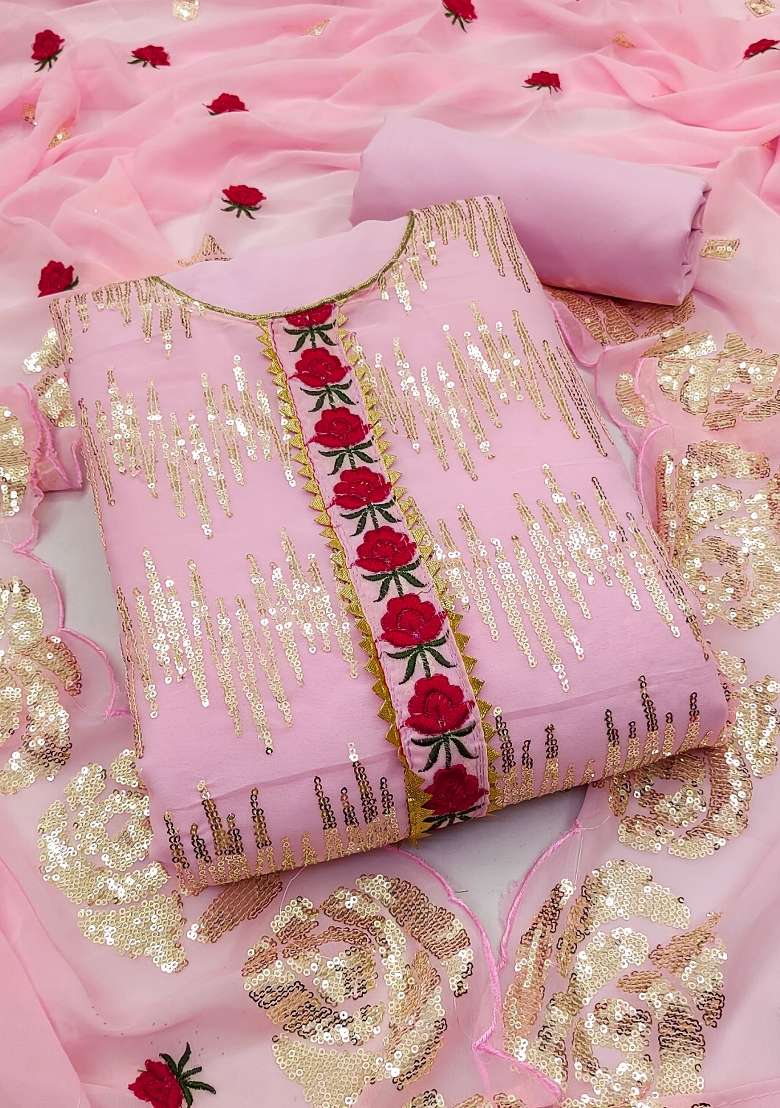 Pink Embroidered Georgette Dress Material - Indya