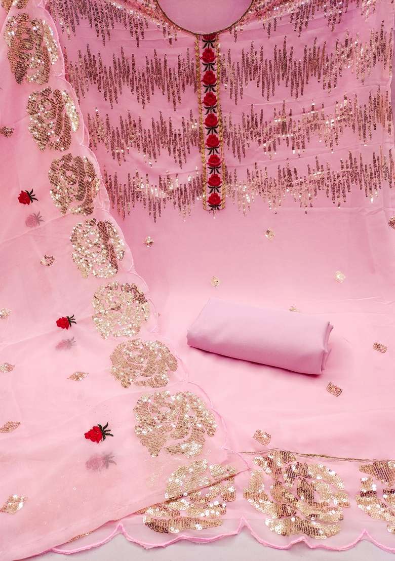 Pink Embroidered Georgette Dress Material - Indya