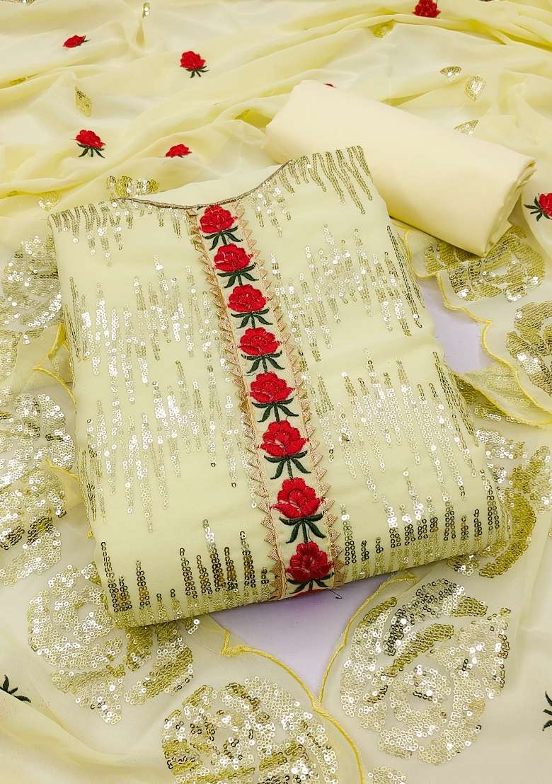 Yellow Embroidered Georgette Dress Material - Indya