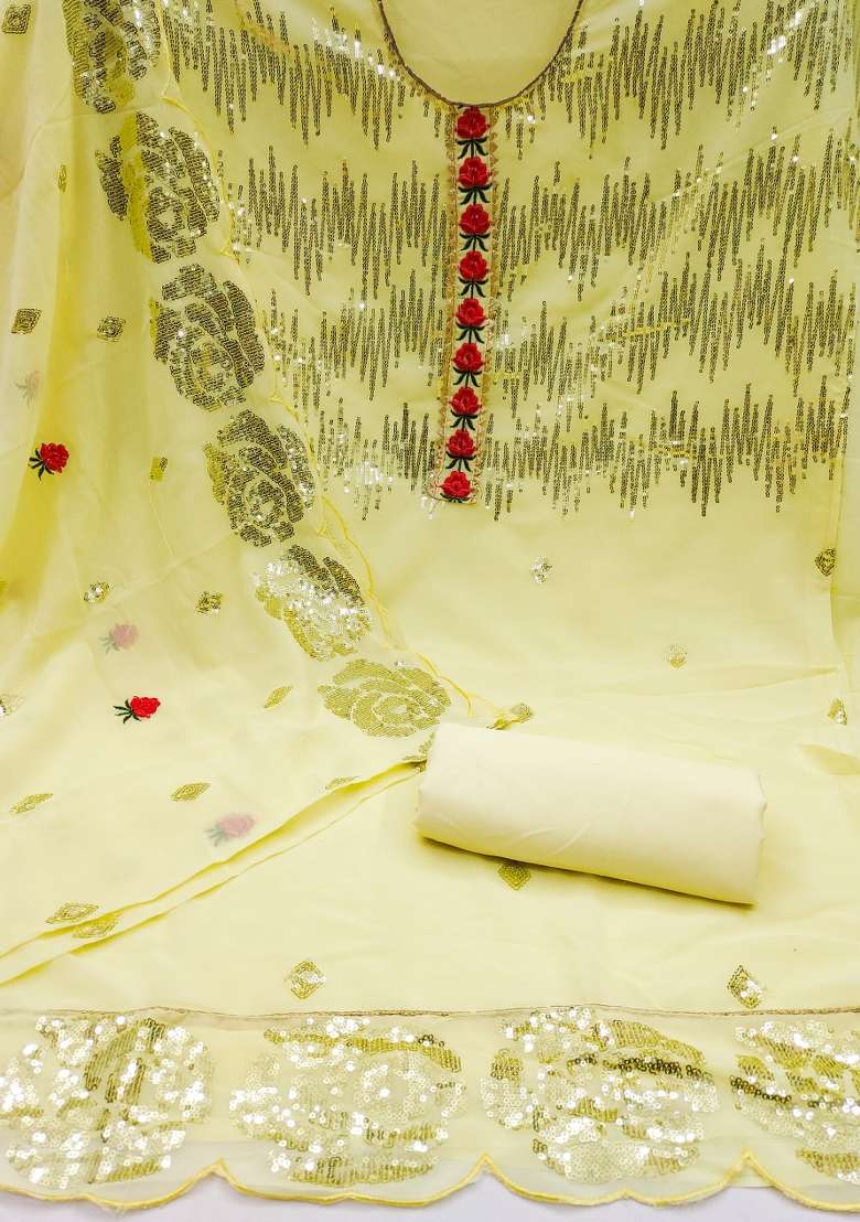 Yellow Embroidered Georgette Dress Material - Indya