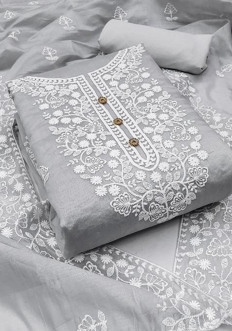 Grey Embroidered Cotton Blend Dress Material