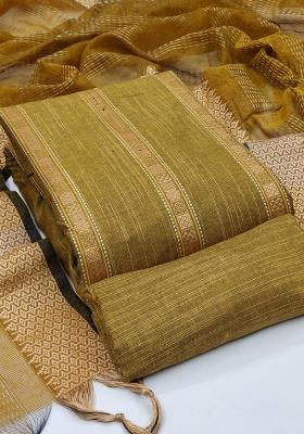 Mustard Embroidered Cotton Blend Dress Material