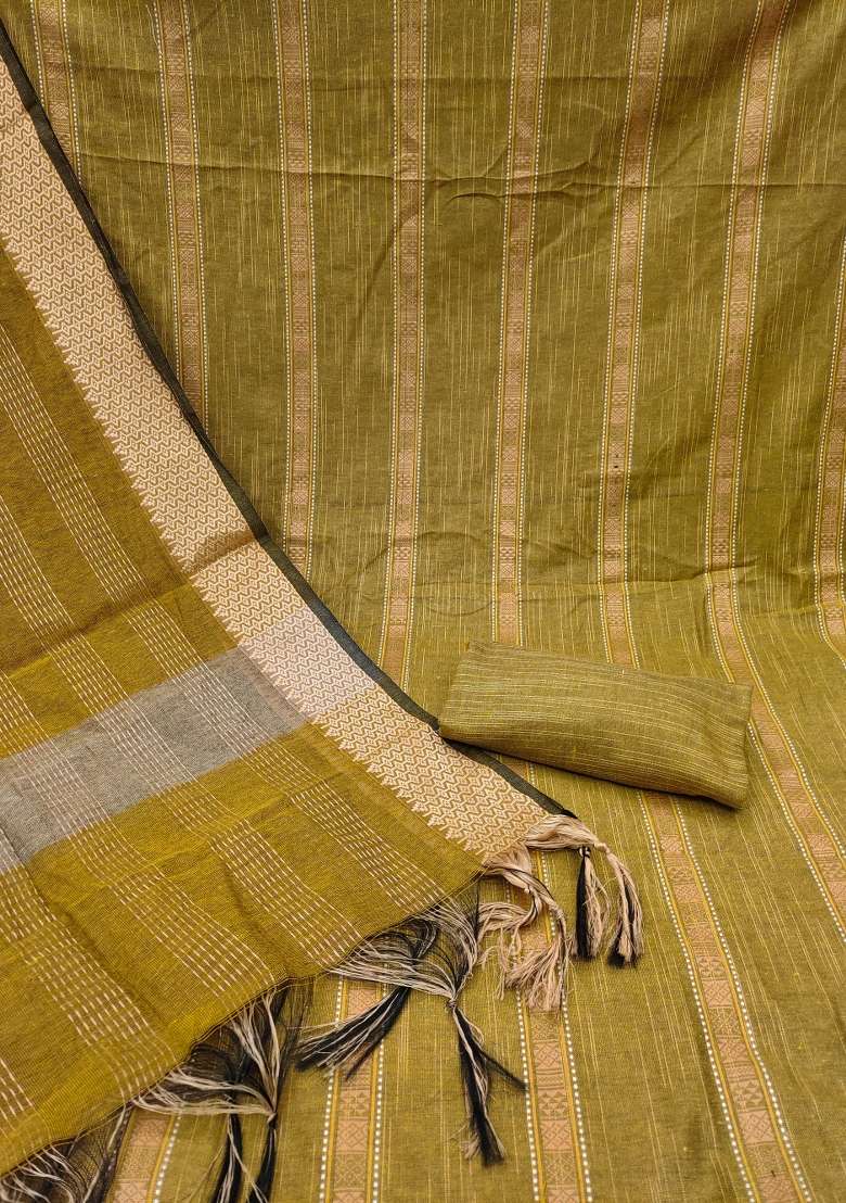 Mustard Embroidered Cotton Blend Dress Material - Indya