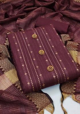 Magenta Embroidered Cotton Blend Dress Material