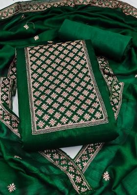 Green Embroidered Silk Dress Material