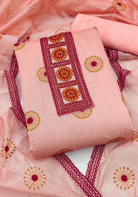 Peach Embroidered Cotton Blend Dress Material