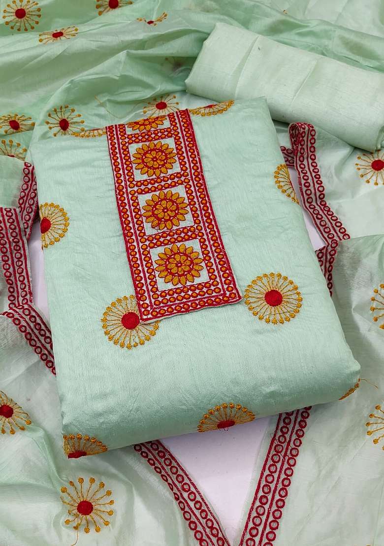 Sea Green Embroidered Cotton Straight Kurta Set - Indya