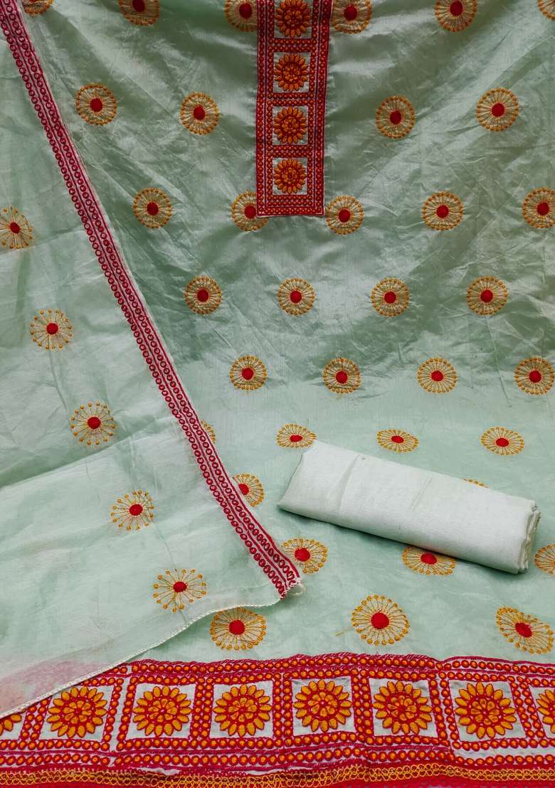 Sea Green Embroidered Cotton Straight Kurta Set - Indya