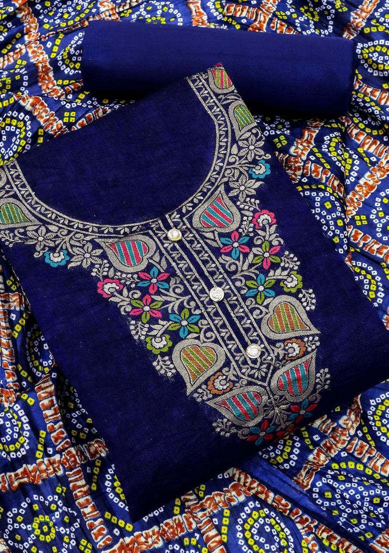 Blue Embroidered Jacquard Dress Material