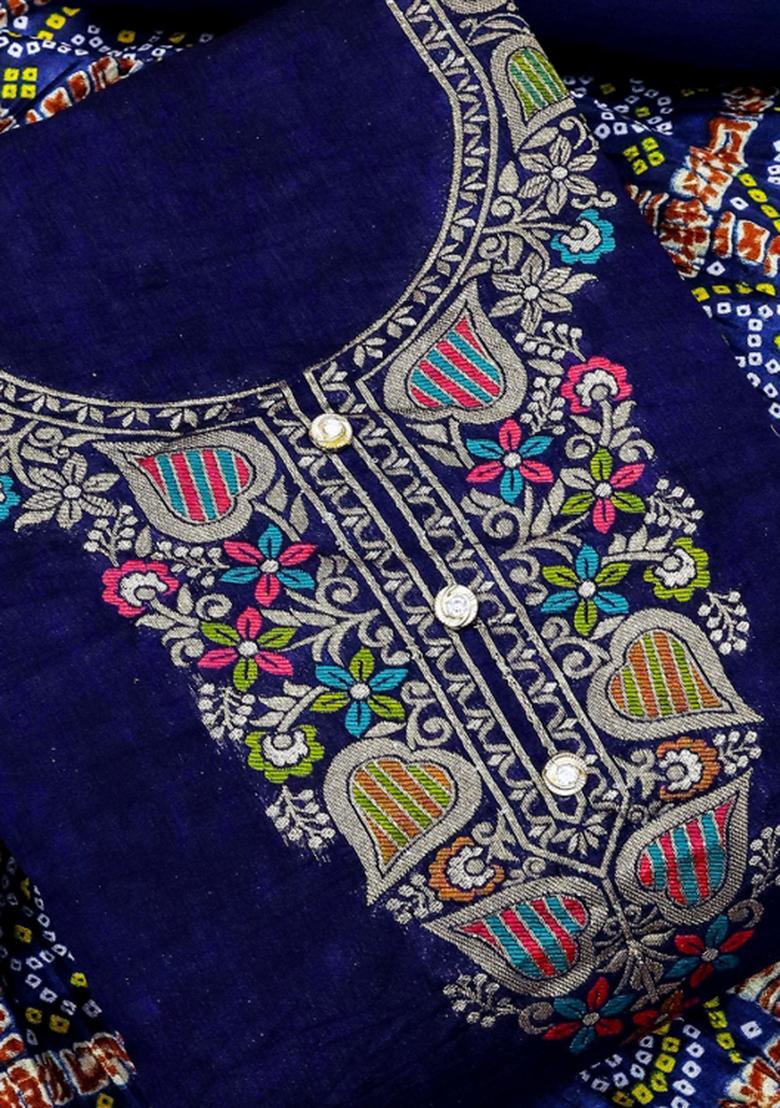 Blue Embroidered Jacquard Dress Material