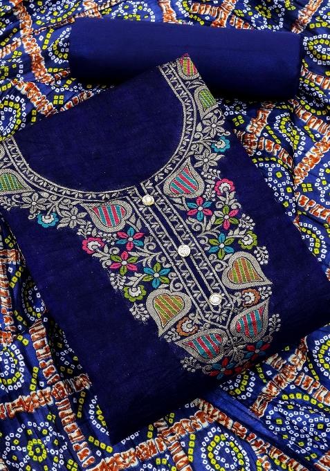 Blue Embroidered Jacquard Dress Material