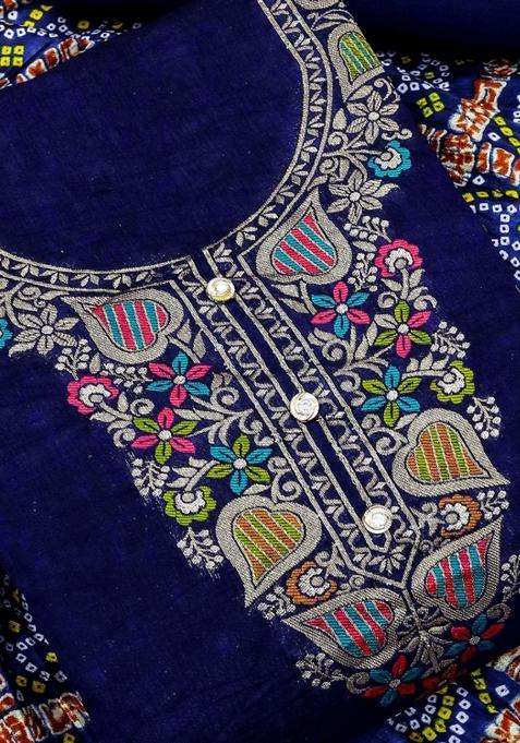Blue Embroidered Jacquard Dress Material