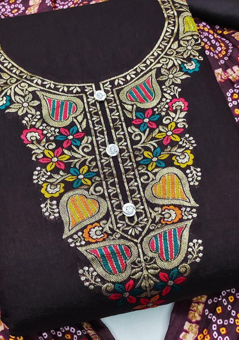 Brown Embroidered Jacquard Dress Material