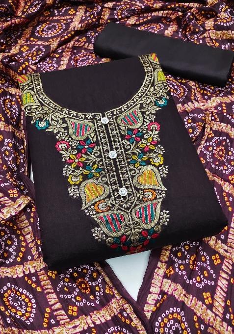 Brown Embroidered Jacquard Dress Material