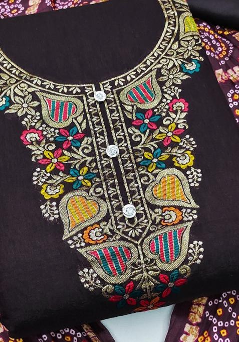 Brown Embroidered Jacquard Dress Material