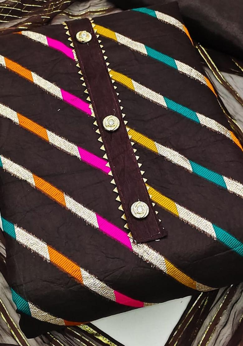 Brown Embroidered Oragnza Dress Material - Indya