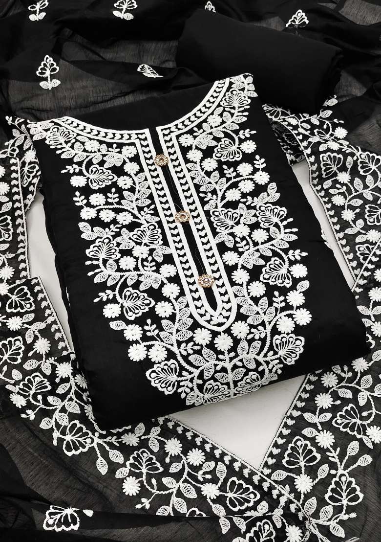 Black Chikankari Cotton Straight Kurta Set - Indya
