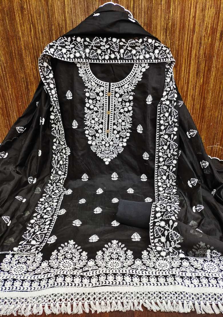 Black Chikankari Cotton Straight Kurta Set - Indya