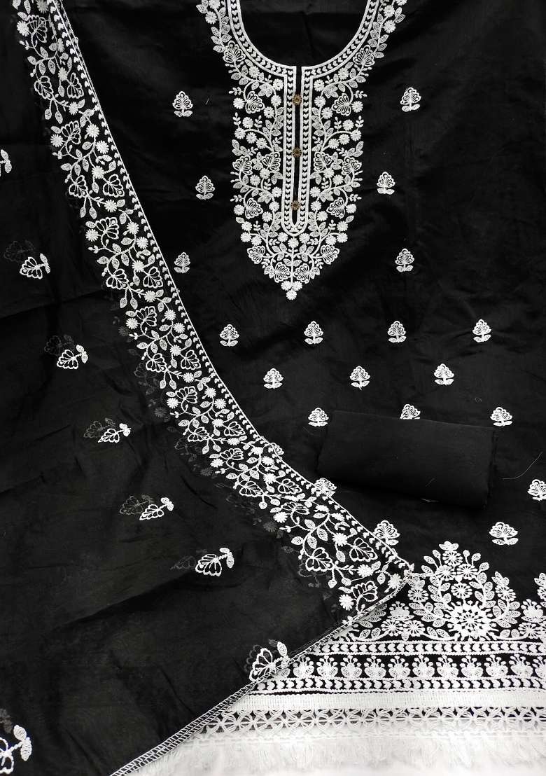 Black Chikankari Cotton Straight Kurta Set - Indya