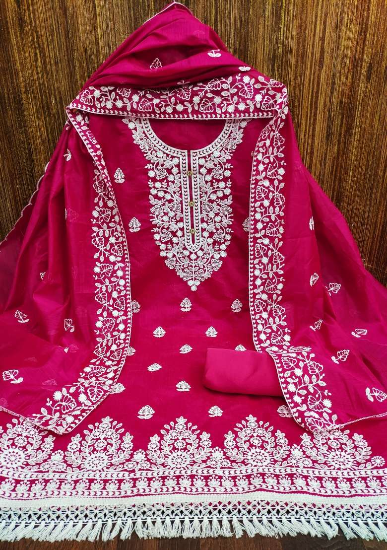 Magenta Chikankari Blended Straight Kurta Set - Indya