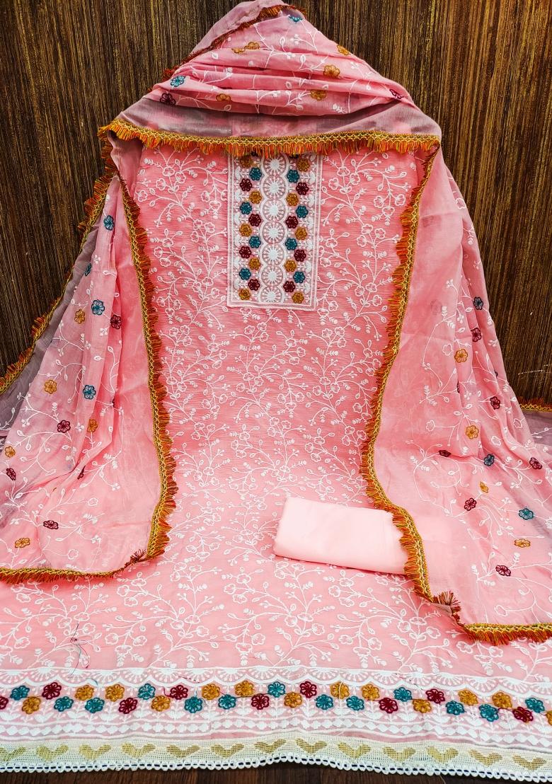 Pink Embroidered Chanderi Dress Material