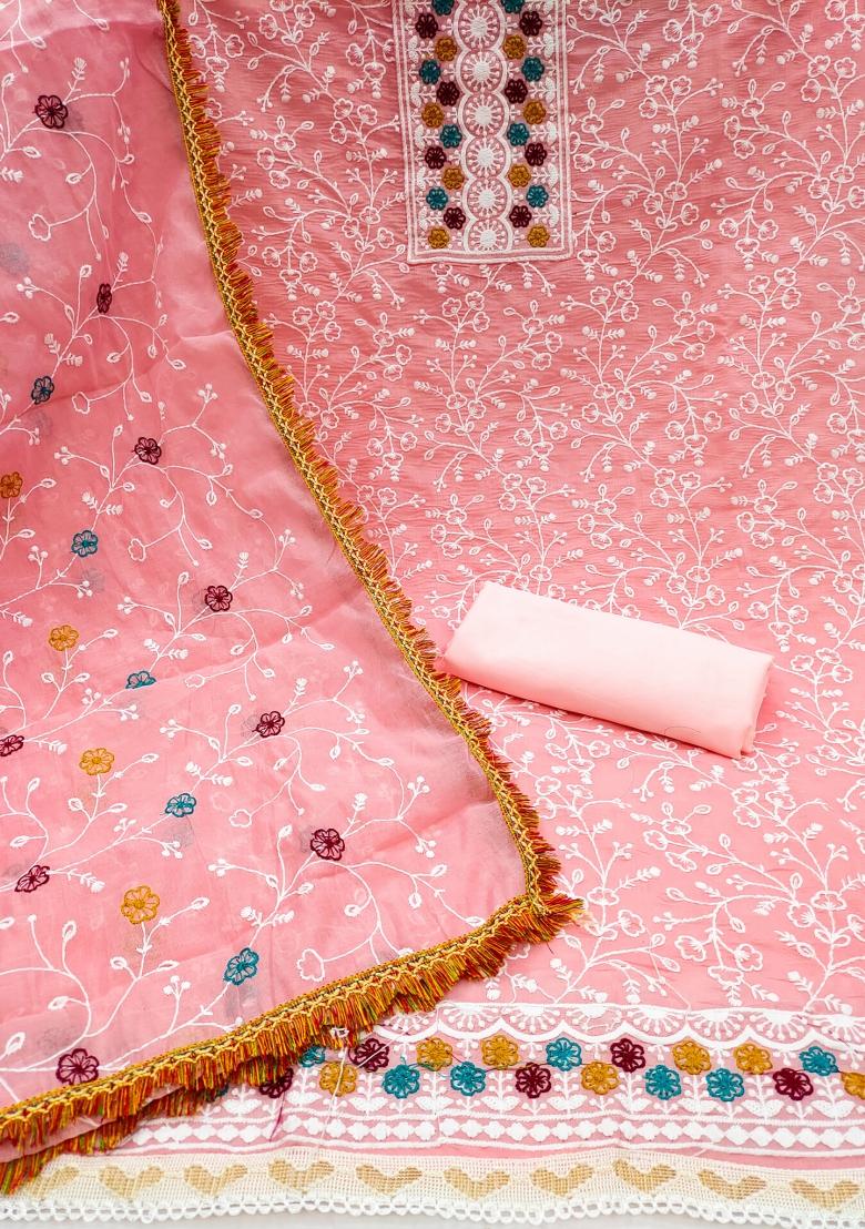 Pink Embroidered Chanderi Dress Material