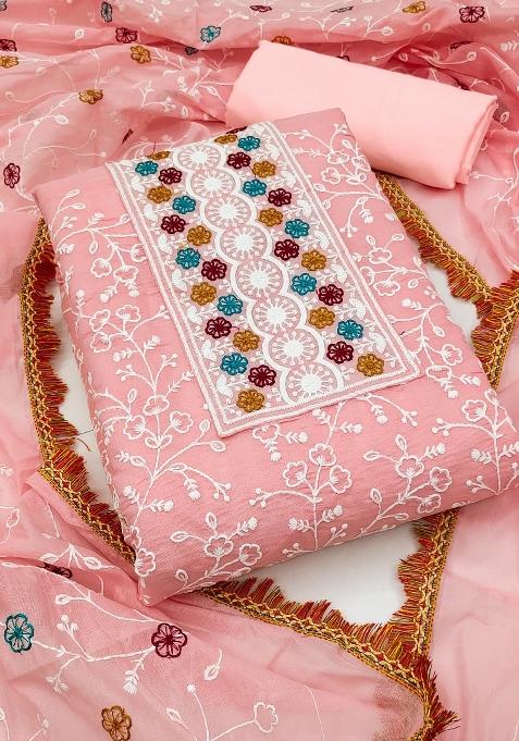Pink Embroidered Chanderi Dress Material