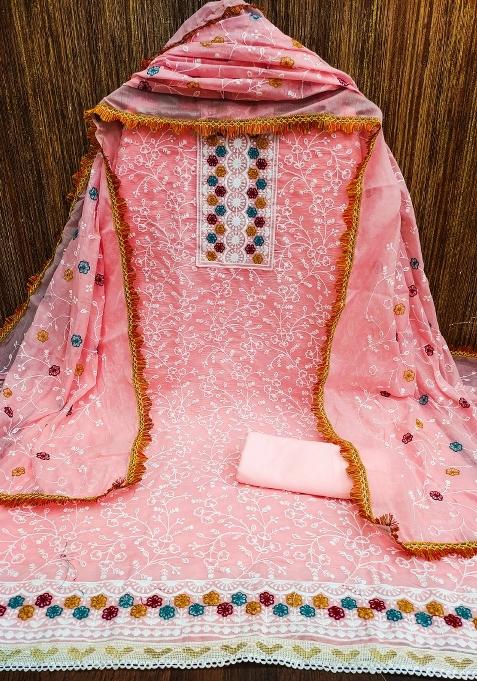 Pink Embroidered Chanderi Dress Material