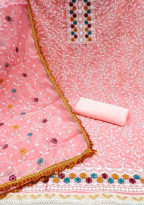 Pink Embroidered Chanderi Dress Material