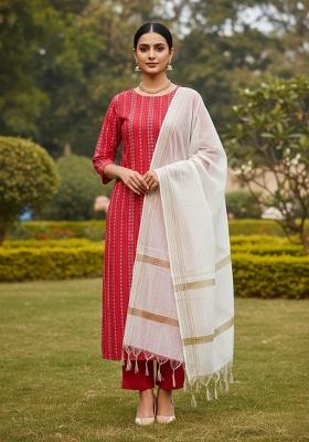 Red Embroidered Cotton Blend Dress Material