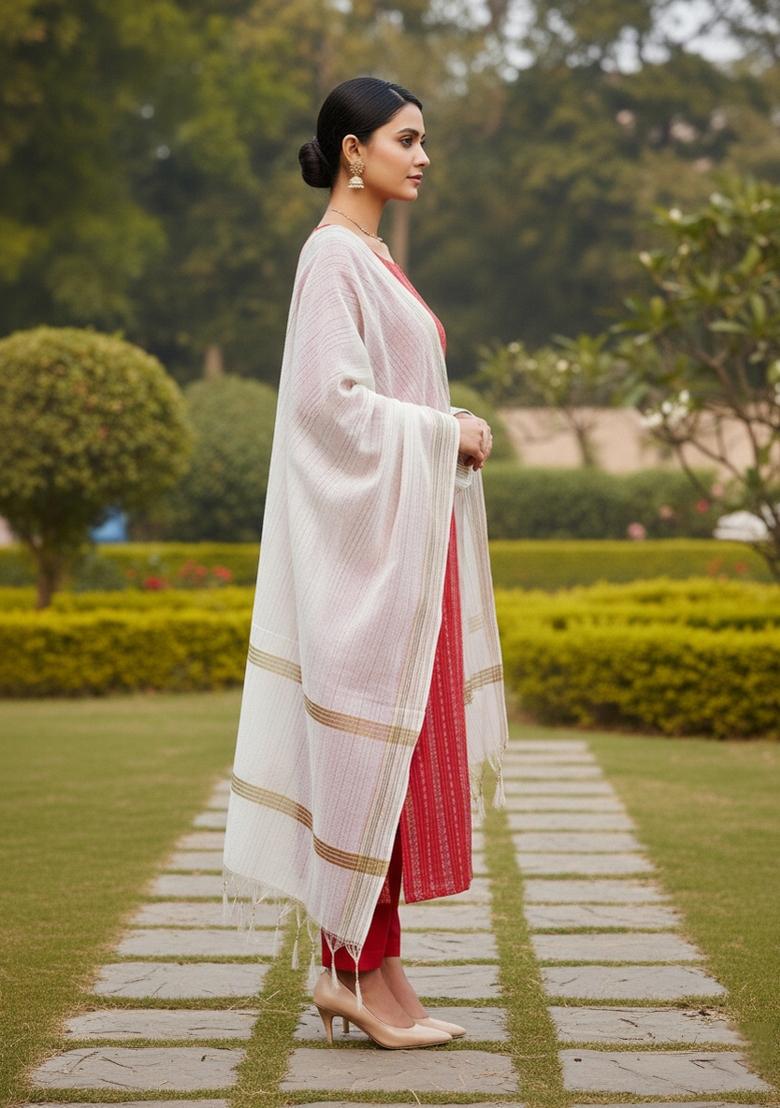 Red Embroidered Cotton Blend Dress Material - Indya
