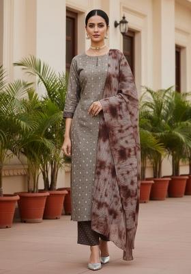 Grey Embroidered Cotton Blend Dress Material