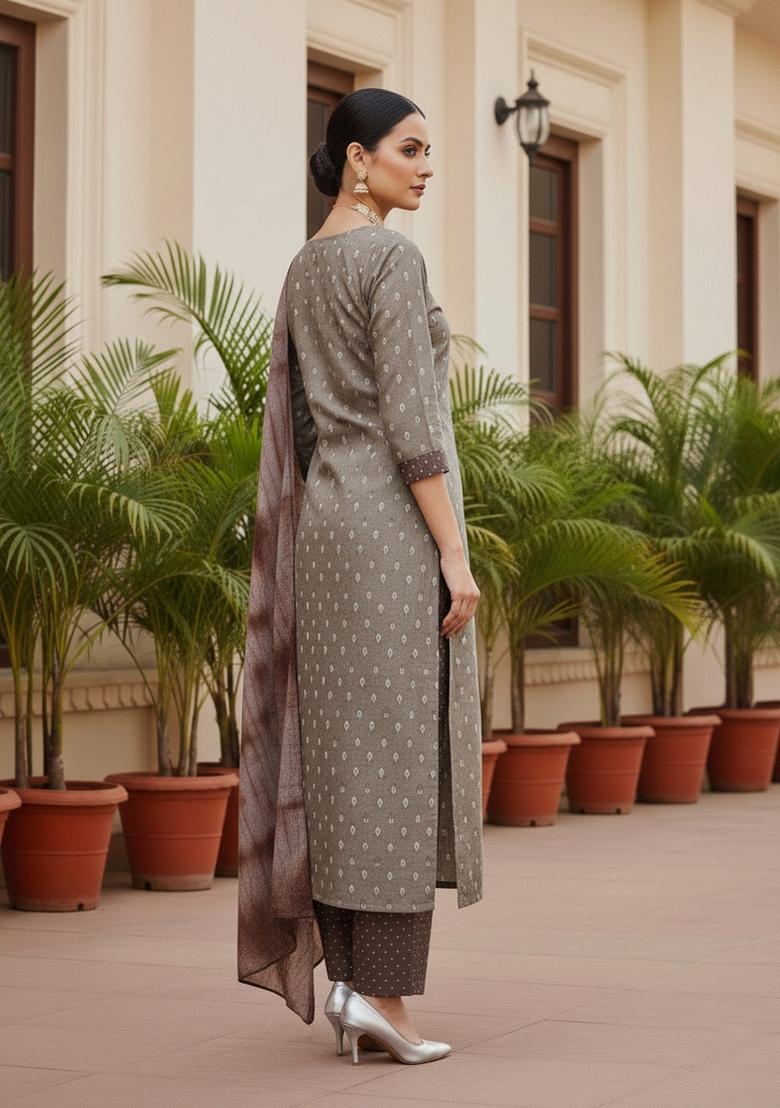 Grey Embroidered Cotton Blend Dress Material - Indya
