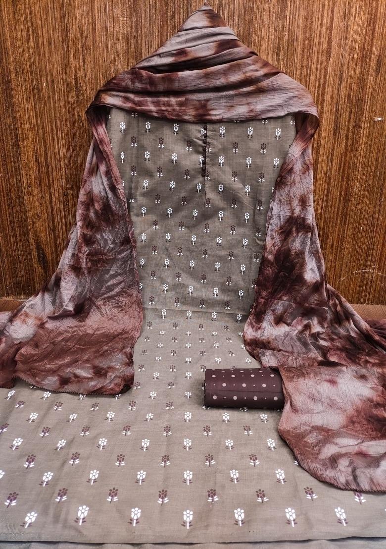 Grey Embroidered Cotton Blend Dress Material - Indya