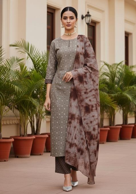 Grey Embroidered Cotton Blend Dress Material