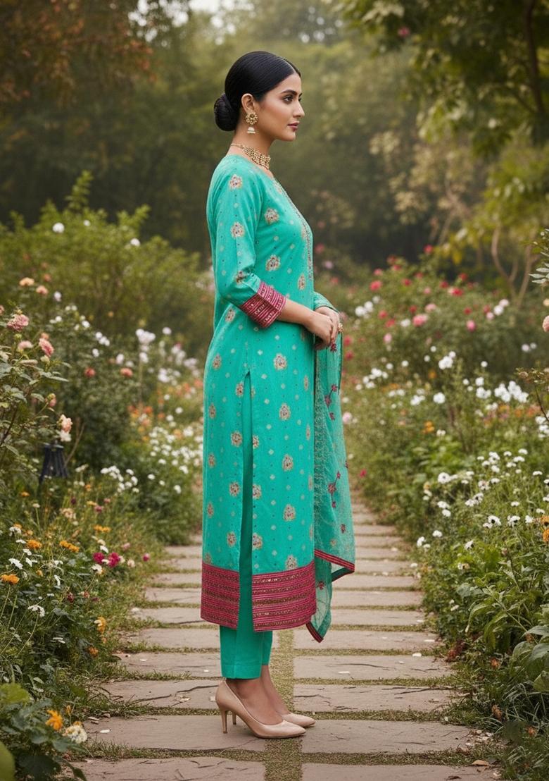 Green Embroidered Jacquard Dress Material - Indya