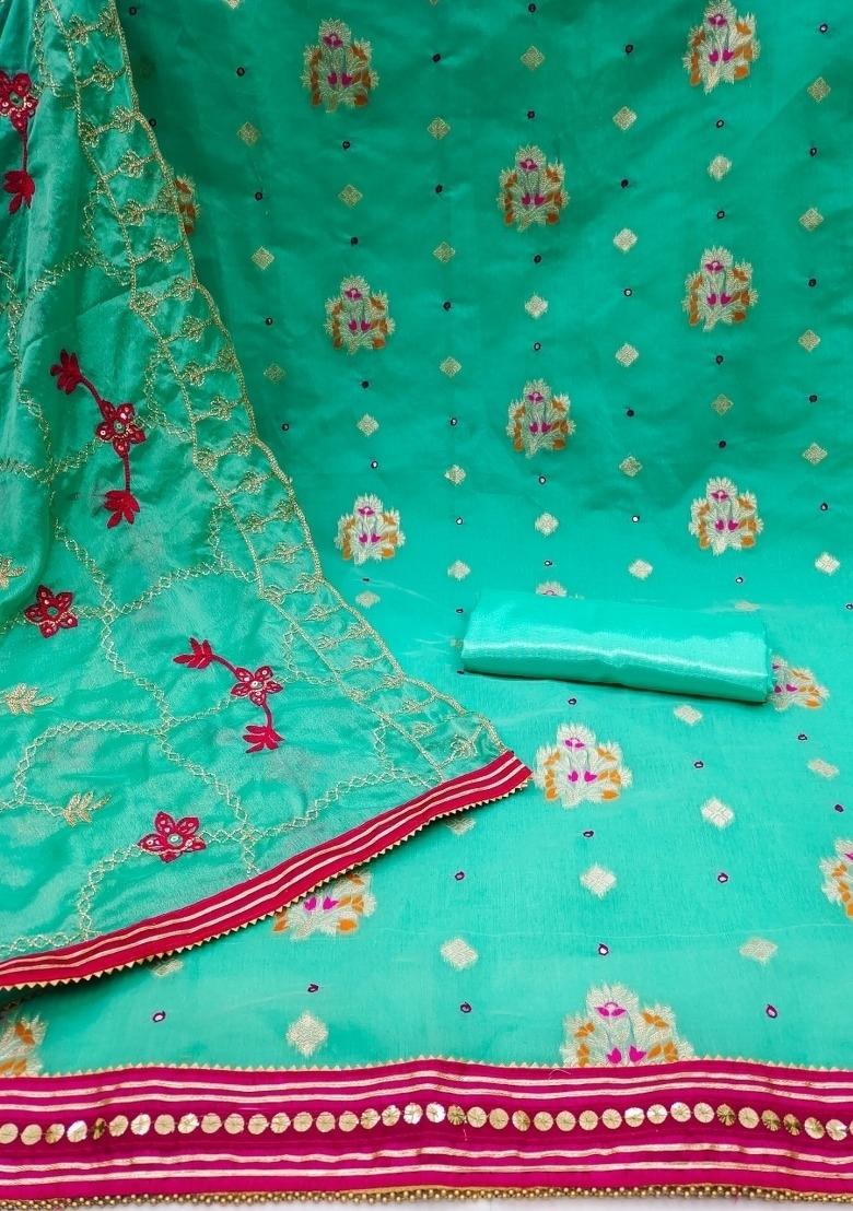 Green Embroidered Jacquard Dress Material - Indya