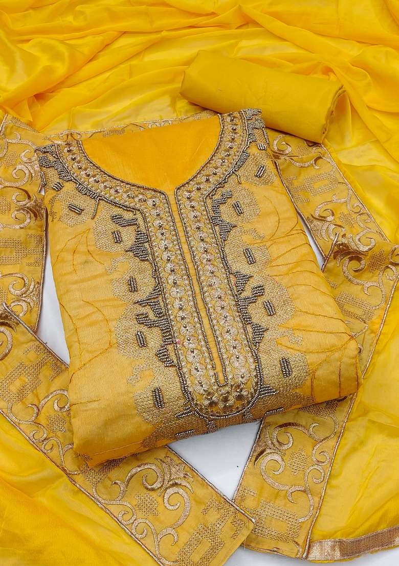 Yellow Embroidered Blended Punjabi Suit - Indya