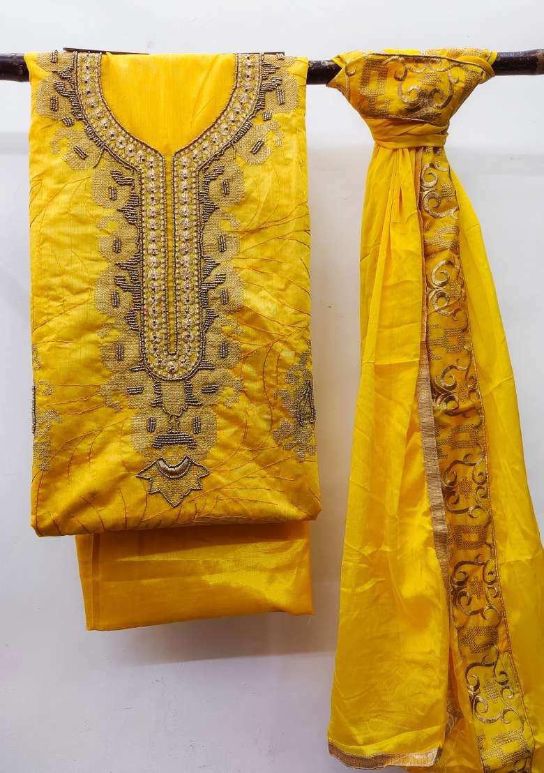Yellow Embroidered Blended Punjabi Suit - Indya