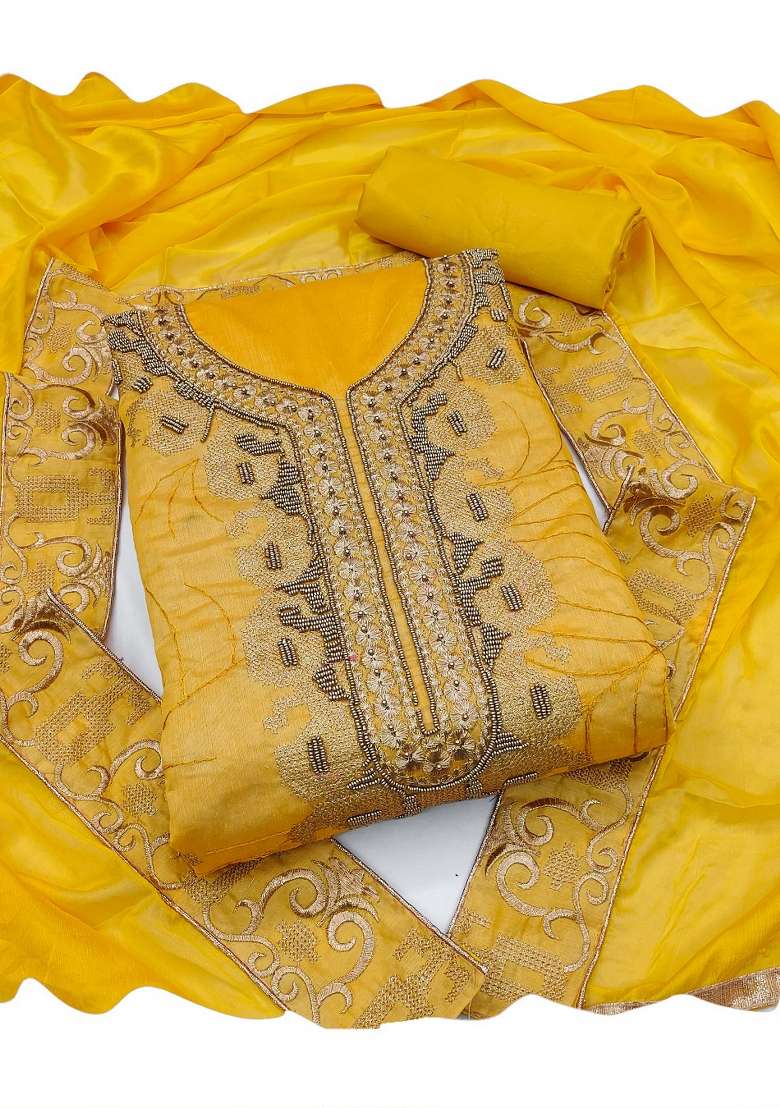 Yellow Embroidered Blended Punjabi Suit - Indya