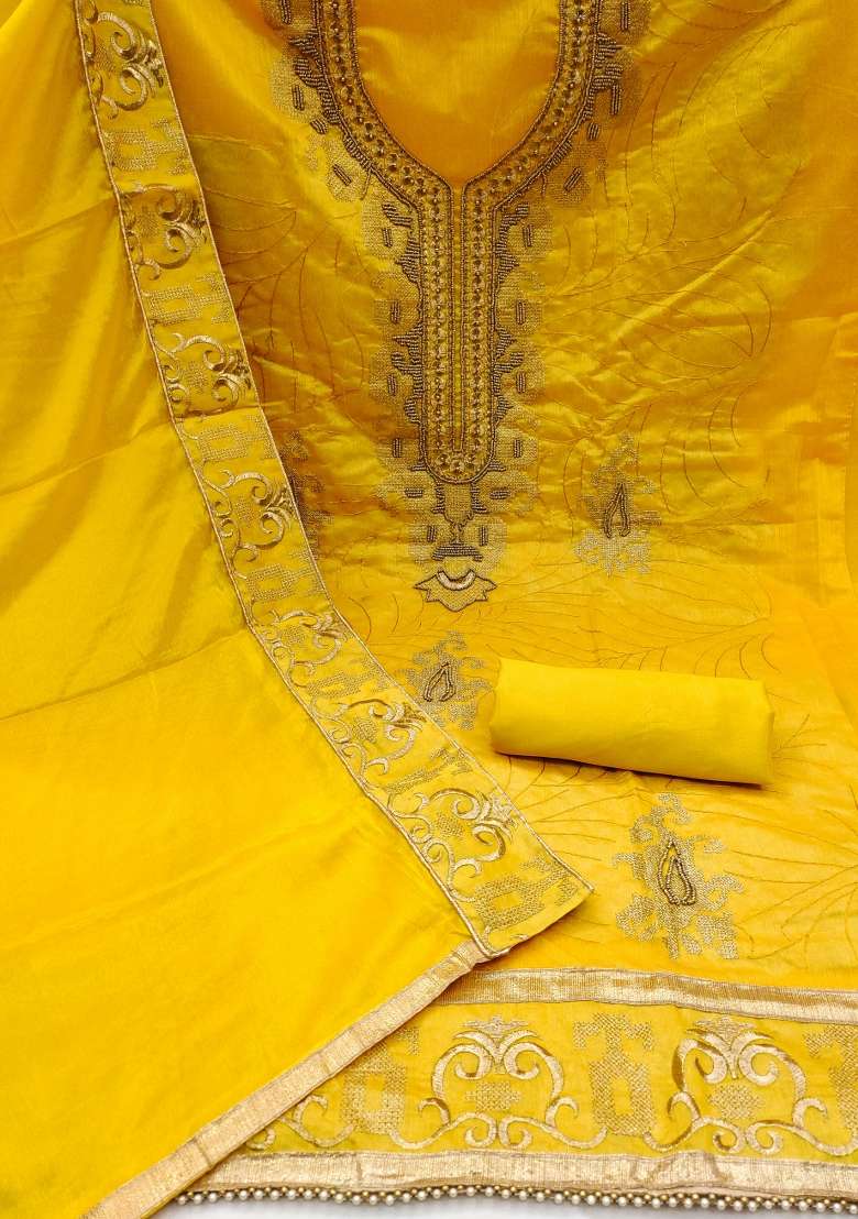Yellow Embroidered Blended Punjabi Suit - Indya