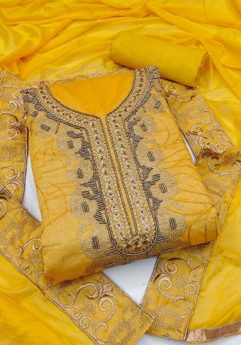Yellow Embroidered Blended Punjabi Suit