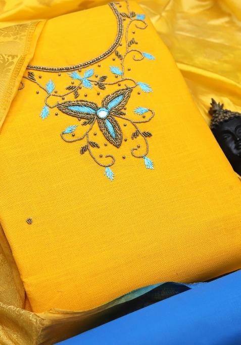 Yellow Embroidered Cotton Blend Dress Material