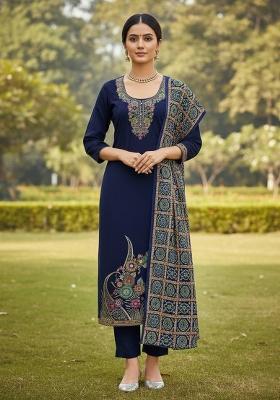 Blue Embroidered Jacquard Dress Material