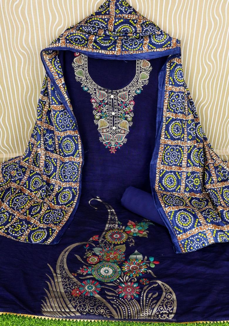 Blue Embroidered Jacquard Dress Material