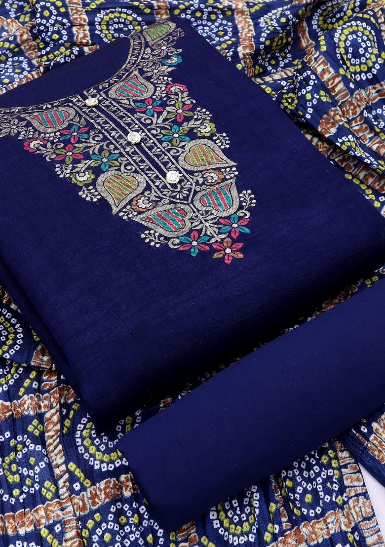 Blue Embroidered Jacquard Dress Material