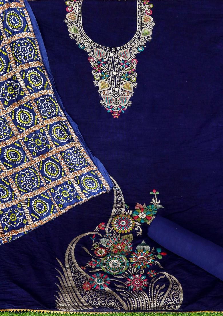Blue Embroidered Jacquard Dress Material
